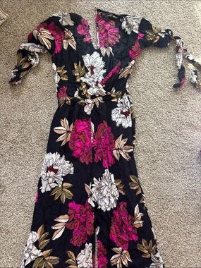 Black Floral Wrap Maxi Dress with Pink & White Blooms